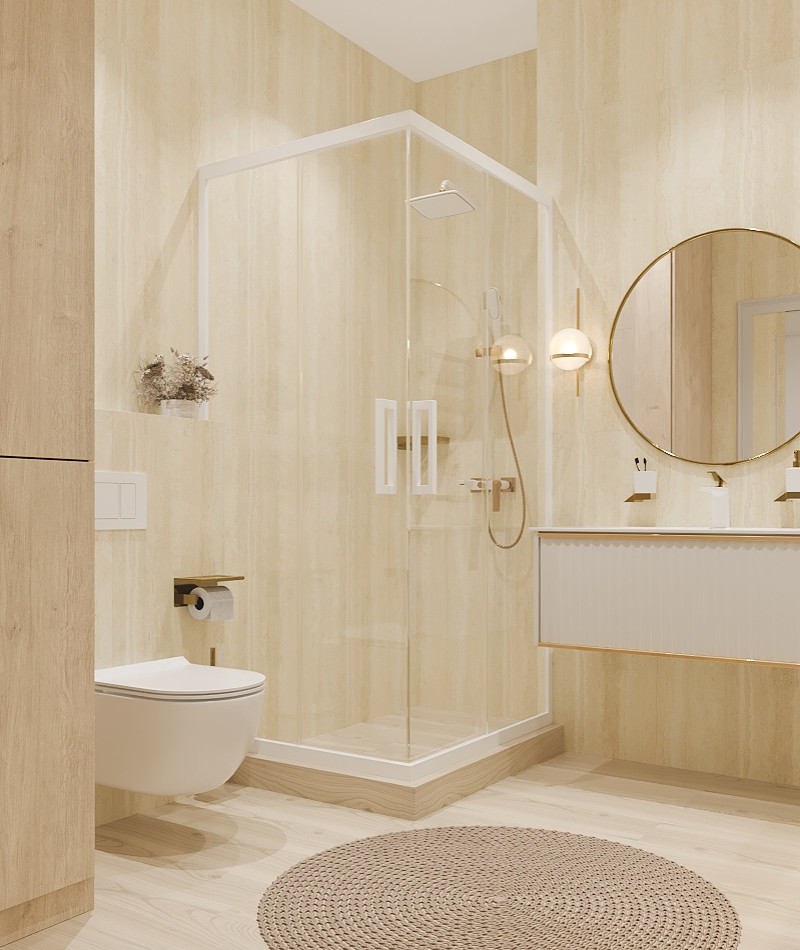 Aménagement d'une salle de bain beige et blanche contemporaine avec une douche ouverte, un carrelage beige, des carreaux de porcelaine et une cabine de douche à porte coulissante.