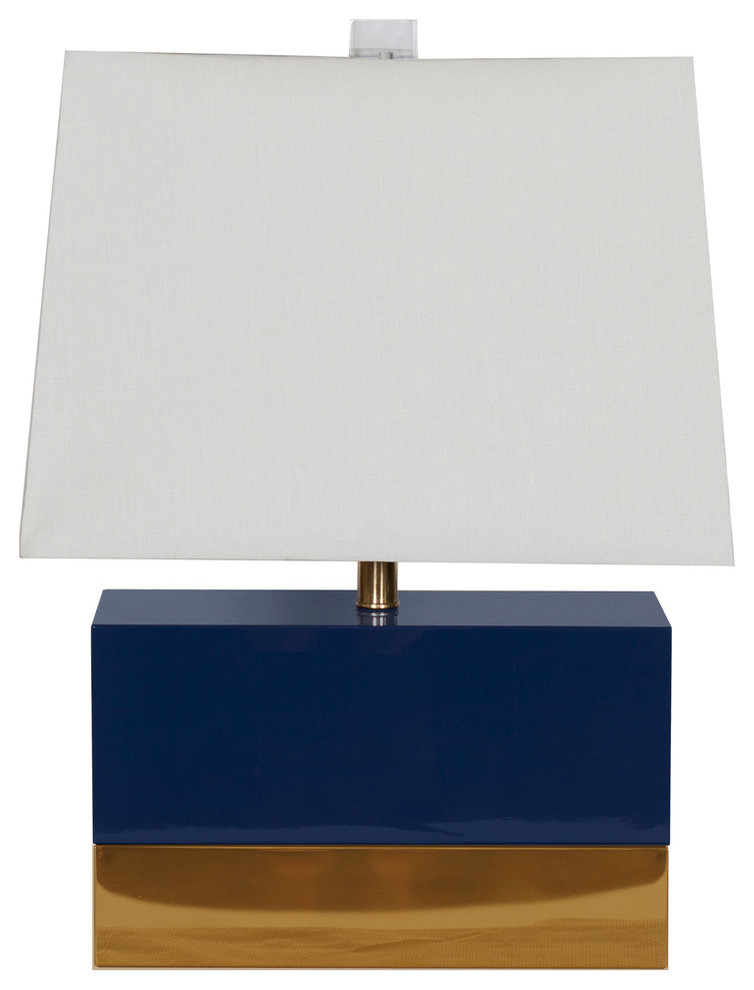 High Gloss Lacquer Lamp With Rectangle Shade, Navy/Brass