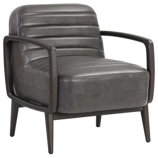 Saveria Lounge Chair Brentwood Charcoal Leather Midcentury