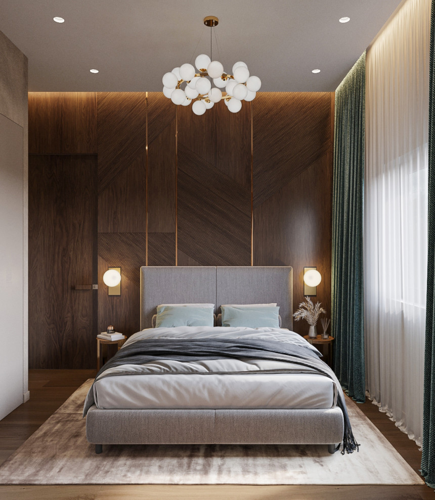 Свежая идея для дизайна: гостевая спальня (комната для гостей) в стиле модернизм с бежевыми стенами, ковровым покрытием, бежевым полом и деревянными стенами без камина - отличное фото интерьера