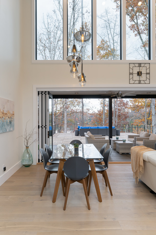 This is an example of a mid-sized modern open plan dining in Other with white walls, light hardwood floors, a ribbon fireplace, a plaster fireplace surround, beige floor and wood.