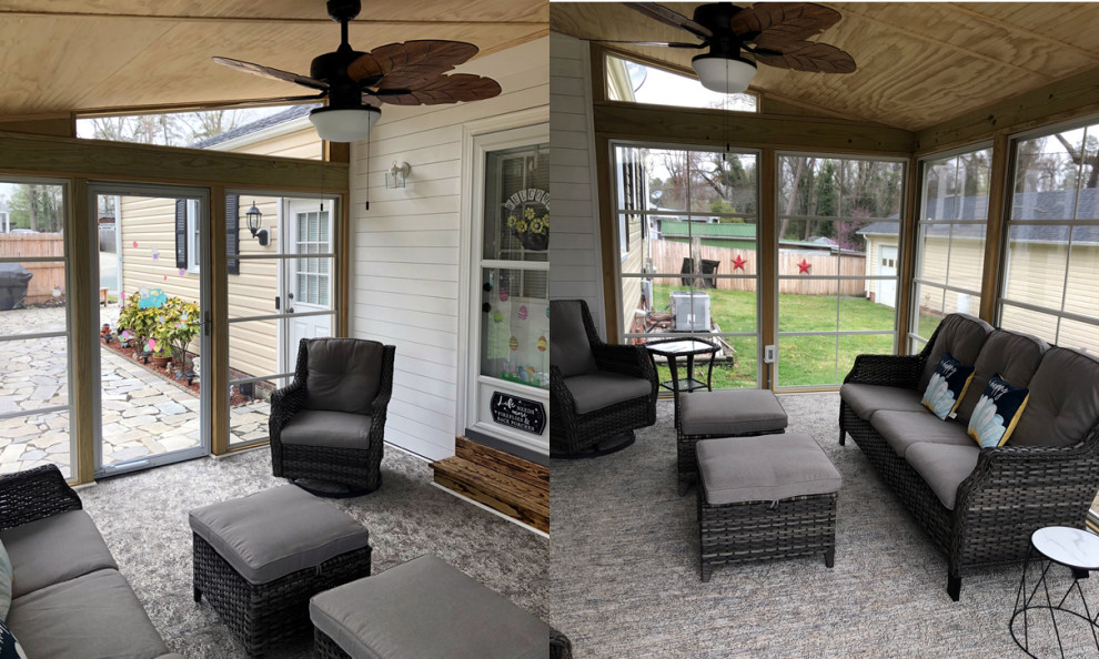 Foto di una piccola veranda contemporanea con moquette, soffitto classico e pavimento grigio