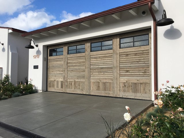 Reclaimed Wood Garage Doors - Modern Louver design with window door