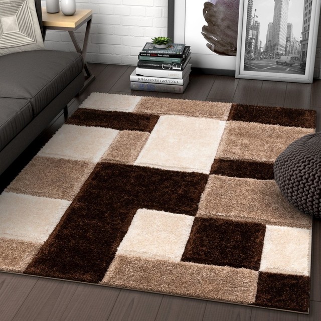 Well Woven San Francisco Escondido Modern Geometric Squares Brown Shag Area Rug Contemporary Area Rugs By Well Woven