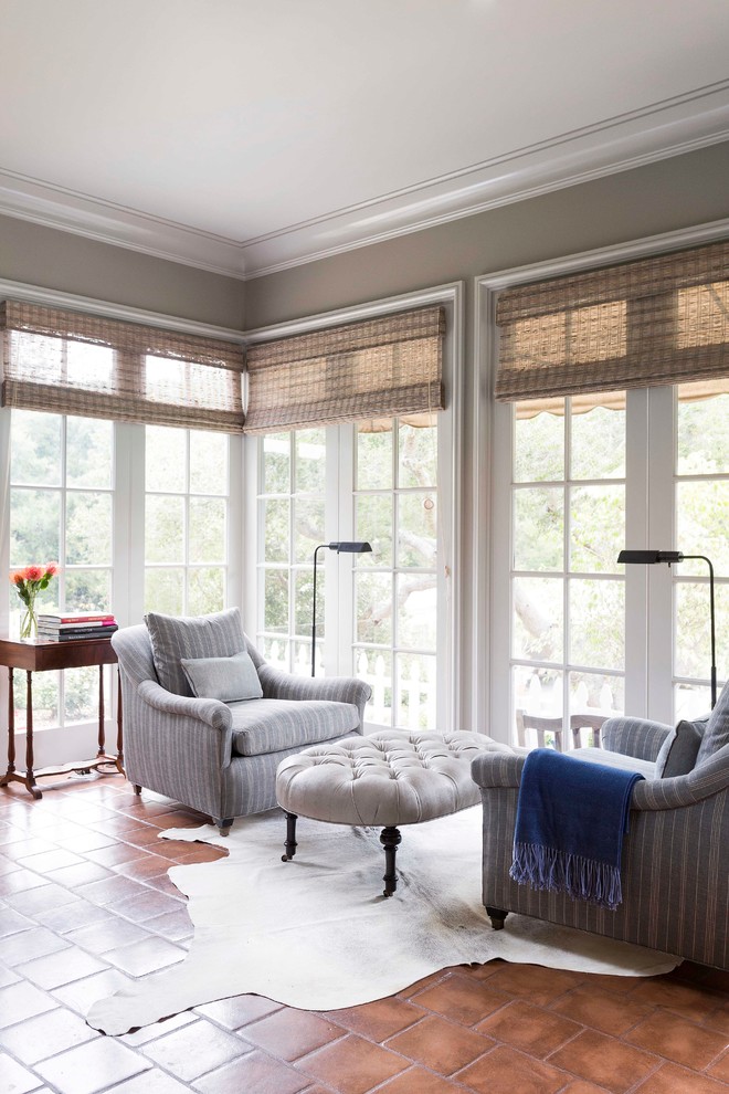 Mid-sized transitional sunroom in Santa Barbara with brown floor.
