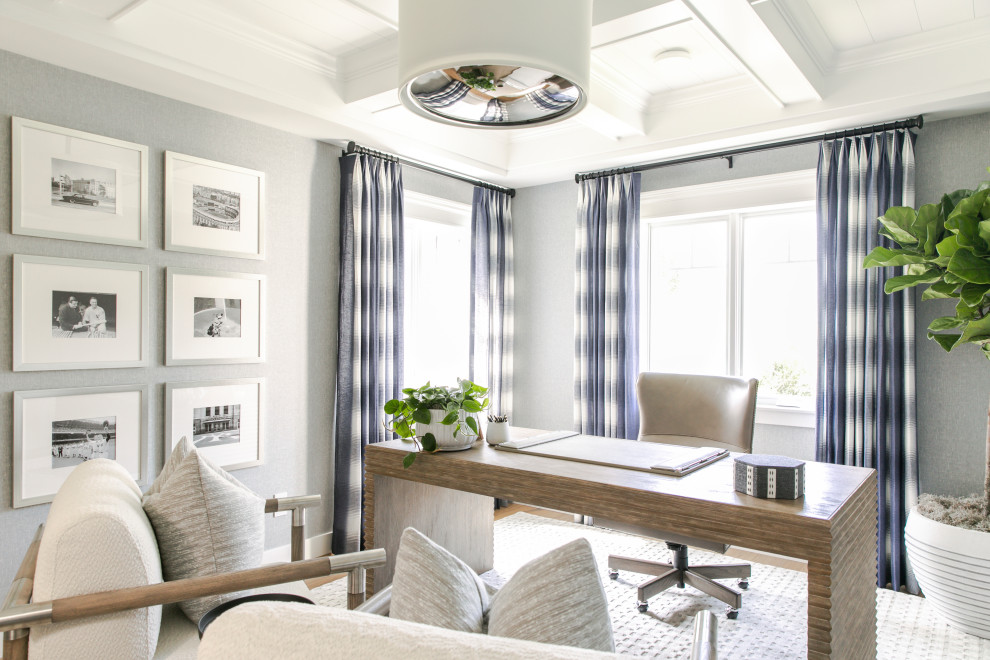 Inspiration for a beach style home office in San Diego with grey walls, coffered and wallpaper.