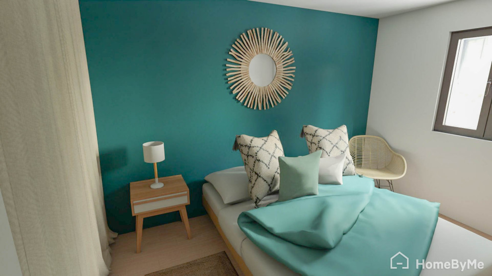Exemple d'une chambre parentale scandinave de taille moyenne avec un mur bleu, sol en stratifié, aucune cheminée et un sol marron.