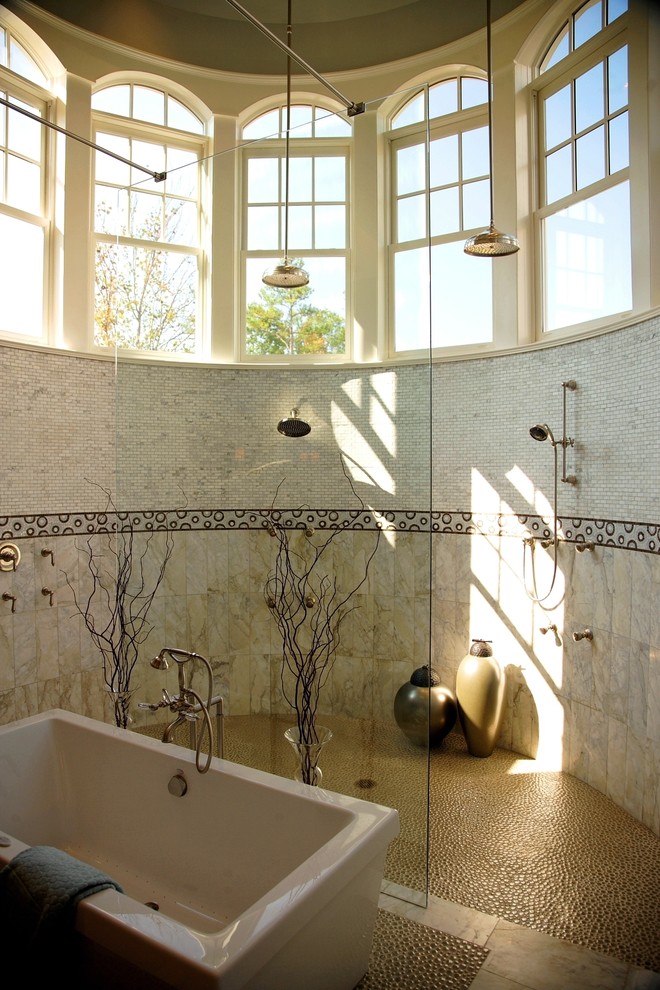 This is an example of a traditional bathroom in Detroit with a freestanding tub.