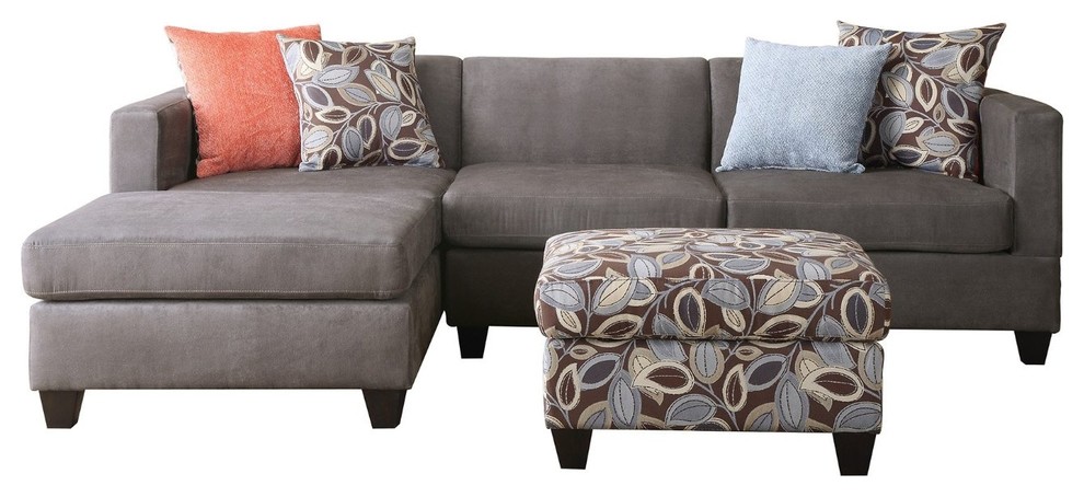 3-Piece Microsuede Reversible Sectional Sofa With Ottoman Leaf Pattern, Gray