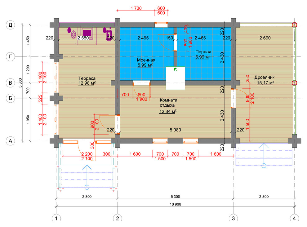 одноэтажная баня с застекленной верандой и дровяником