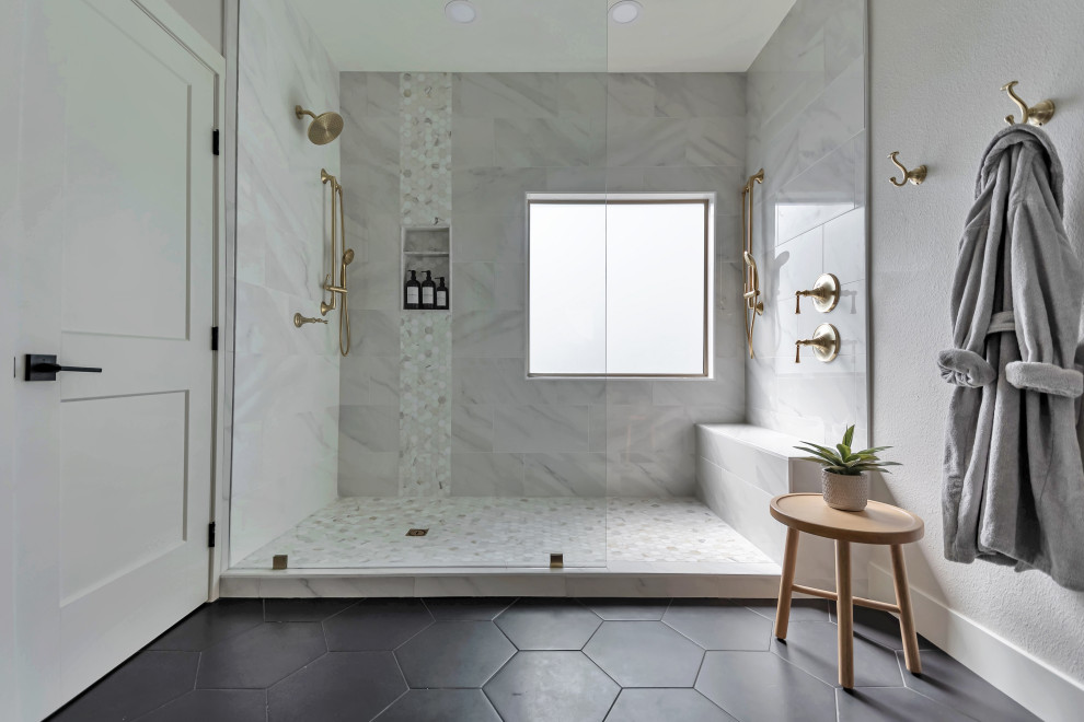 Design ideas for a large transitional master bathroom in Phoenix with light wood cabinets, white tile, grey walls, an undermount sink, black floor, white benchtops, a shower seat, a double vanity and a built-in vanity.