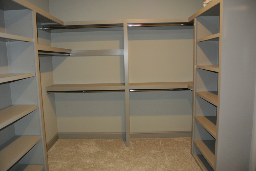 Home design - transitional carpeted home design idea with gray cabinets