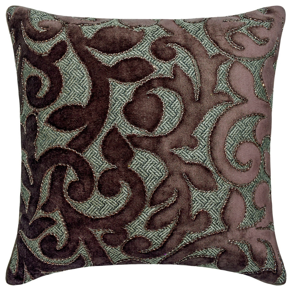 Brown Velvet Beaded Hand Embroidery 20"x20" Throw Pillow Cover, Abra