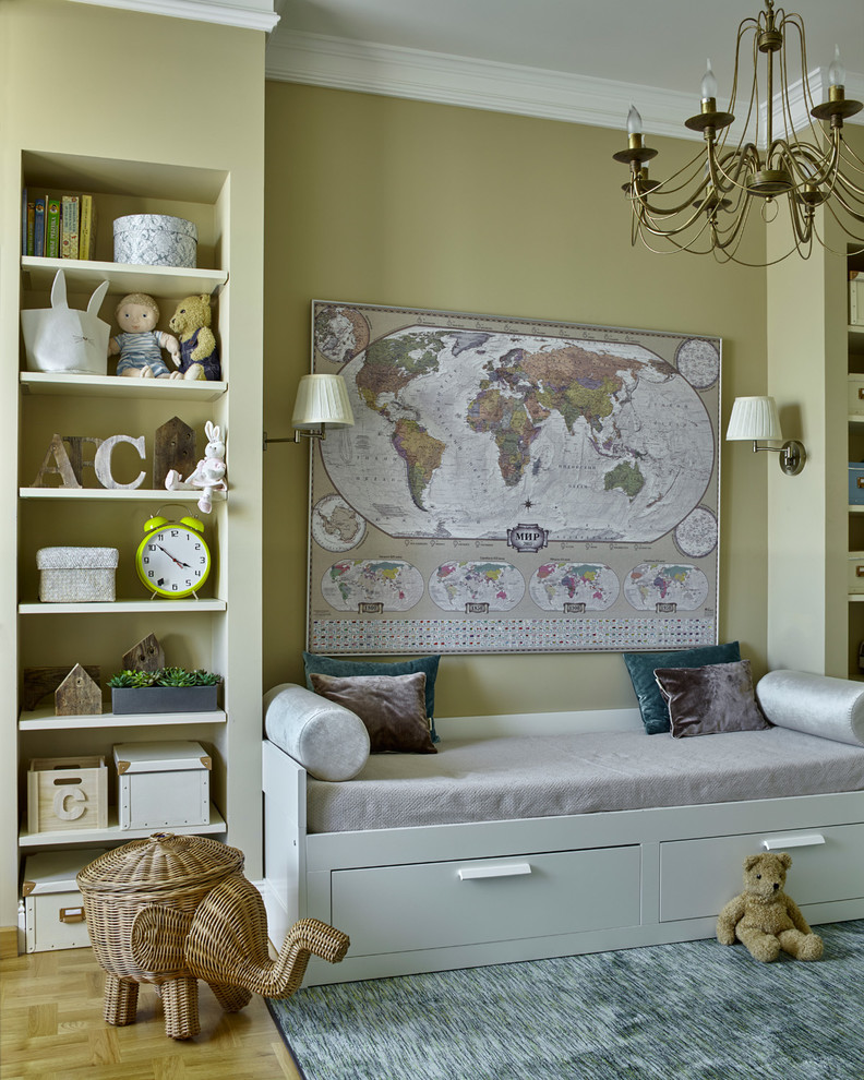 This is an example of a transitional gender-neutral kids' playroom for kids 4-10 years old in Other with green walls.