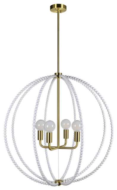 Basil 4 Light Chandelier, White and Plated Satin Brass