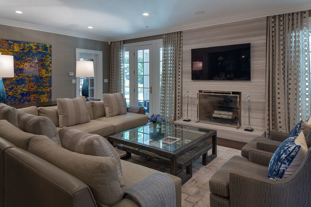 Mid-sized transitional open concept dark wood floor and brown floor family room photo in New York with gray walls, a standard fireplace and a plaster fireplace