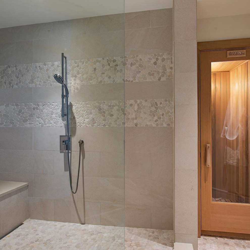 Inspiration for a large modern bathroom in Tampa with a corner shower, beige tile, pebble tile, pebble tile floors, with a sauna, beige floor and an open shower.