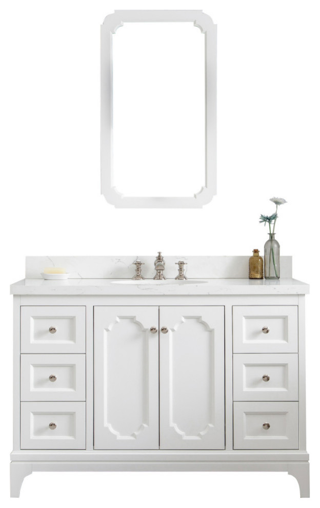Queen 48,"Single Sink Quartz Carrara Vanity, Pure White Transitional