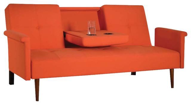 Modern Orange Linen Ajule Futon Sofa Bed With 1 Central Console Modern Orange Linen Ajule Futon Sofa Bed With 1 Central Console Track Arms