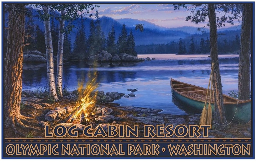 Darrell Bush Log Cabin Resort Washington Lake Canoe Fire Art Print, 30"x45"