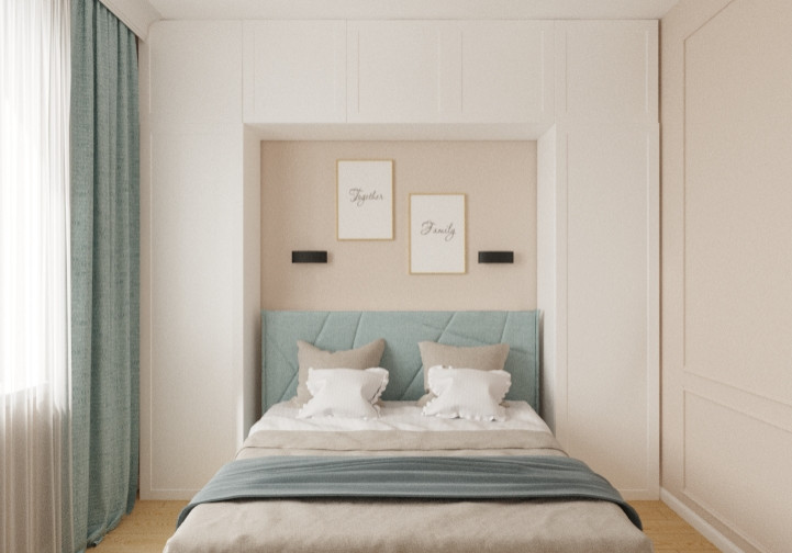 Спальня в бежево-голубых тонах