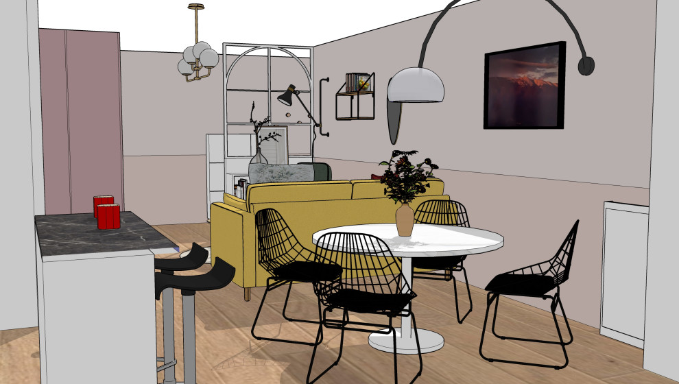 Inspiration för mellanstora moderna matplatser med öppen planlösning, med laminatgolv, rosa väggar och beiget golv