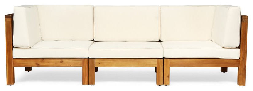 Noble House Oana Outdoor Modular Acacia Wood Sofa with Cushions Teak and Beige