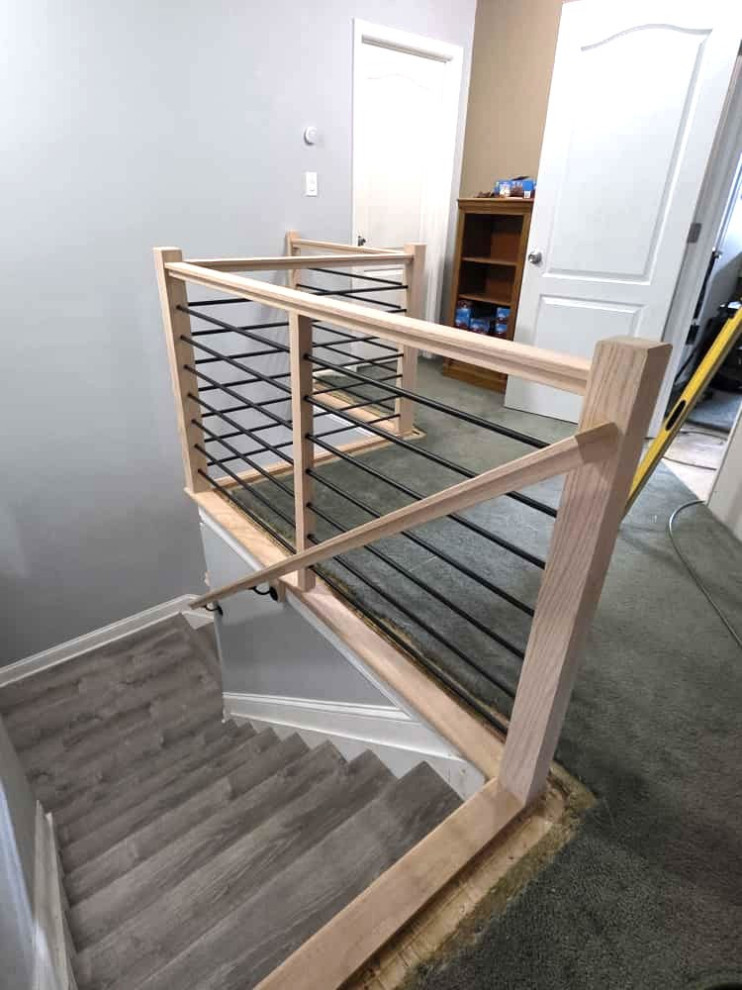 Red Oak Bar Railing Modern Horizontal Stair Railing with Black Metal Bars and Red Oak T ...