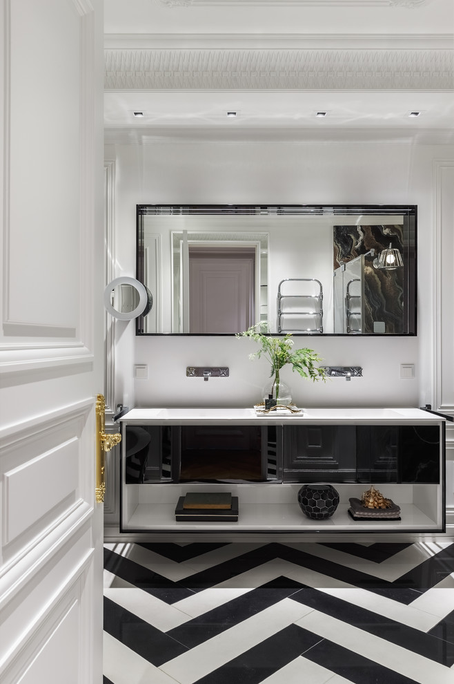 Photo of a transitional bathroom in Moscow with white walls and multi-coloured floor.