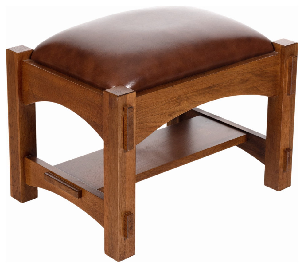 Crafters and Weavers Craftsman / Mission Mortise and Tenon Foot Stool - Russet B, Chestnut Brown Leather