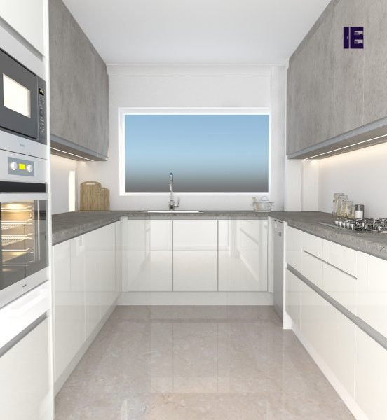 Design ideas for a large contemporary u-shaped enclosed kitchen in London with a single-bowl sink, flat-panel cabinets, white cabinets, granite worktops, white worktops and feature lighting.