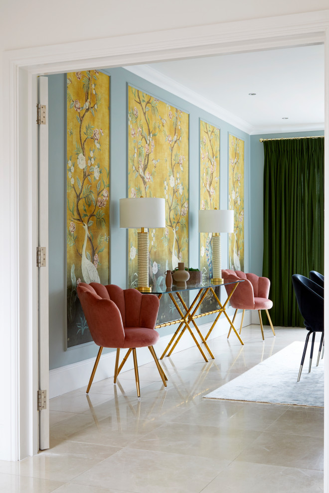 Inspiration for a large asian separate dining room in London with limestone floors and panelled walls.