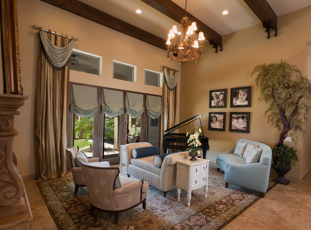 Photo of a mid-sized traditional formal enclosed living room in Phoenix with no tv, brown walls and a standard fireplace.