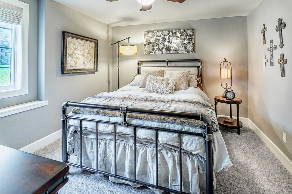 Mid-sized transitional guest carpeted and gray floor bedroom photo with gray walls and no fireplace