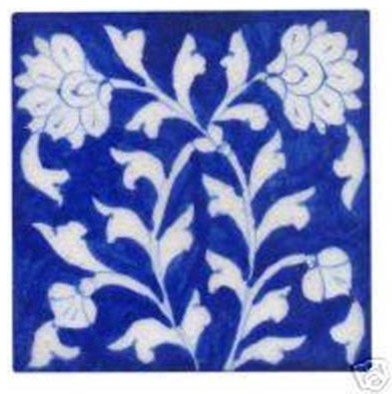 4"x4" Ceramic White Flowers and Leaves on Blue Tiles, Set of 6