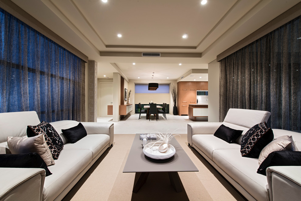 Contemporary formal open concept living room in Perth with carpet, no fireplace and no tv.