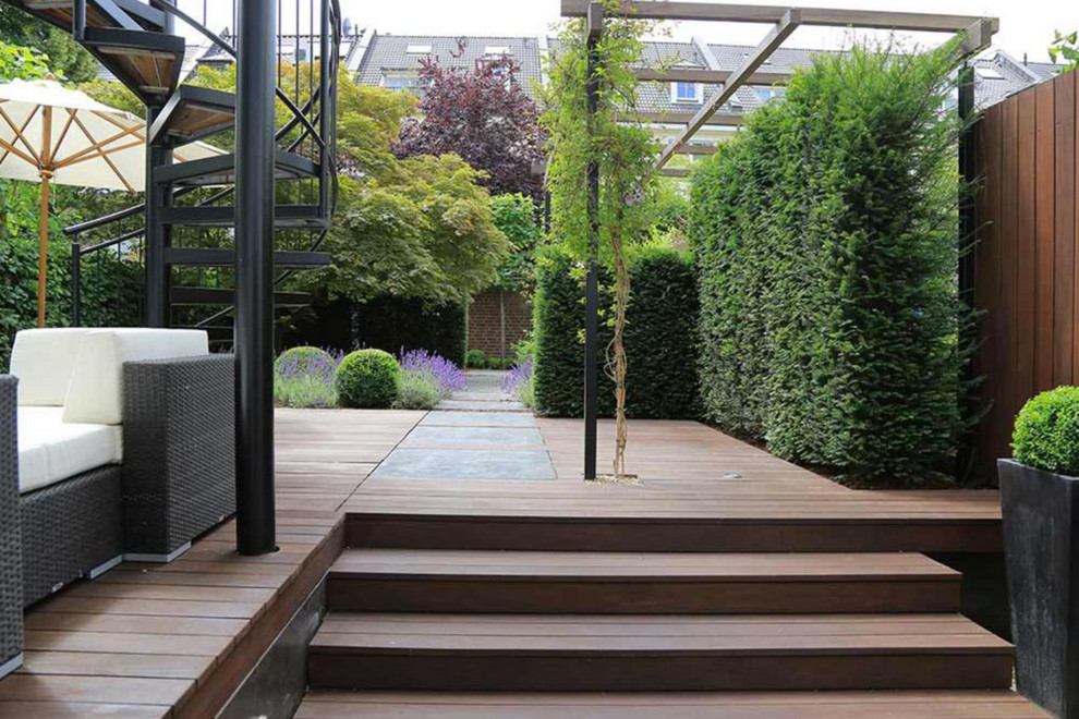 Große Moderne Pergola Terrasse hinter dem Haus mit Kübelpflanzen in Düsseldorf
