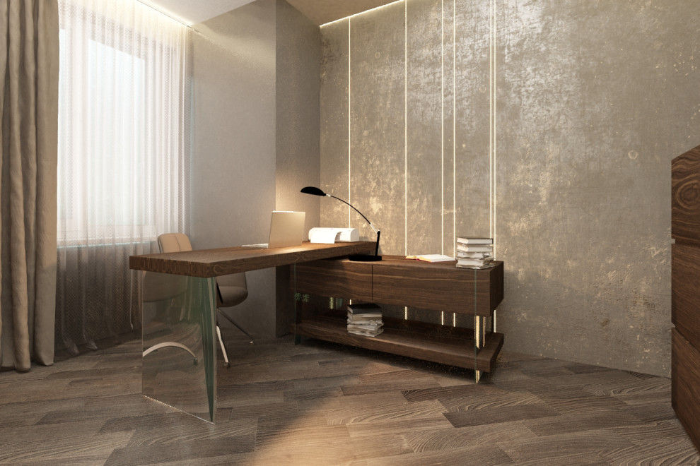Großes Modernes Arbeitszimmer mit braunem Holzboden und freistehendem Schreibtisch in Sonstige