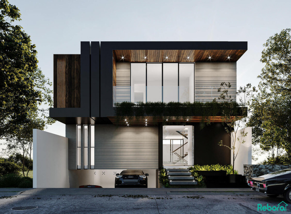Modelo de fachada negra minimalista grande a niveles con revestimientos combinados