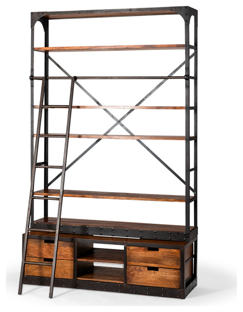 HomeRoots Medium Brown Wood Shelving Unit With Copper Ladder and 4 Shelves, 57.0L x 20.5W x 94