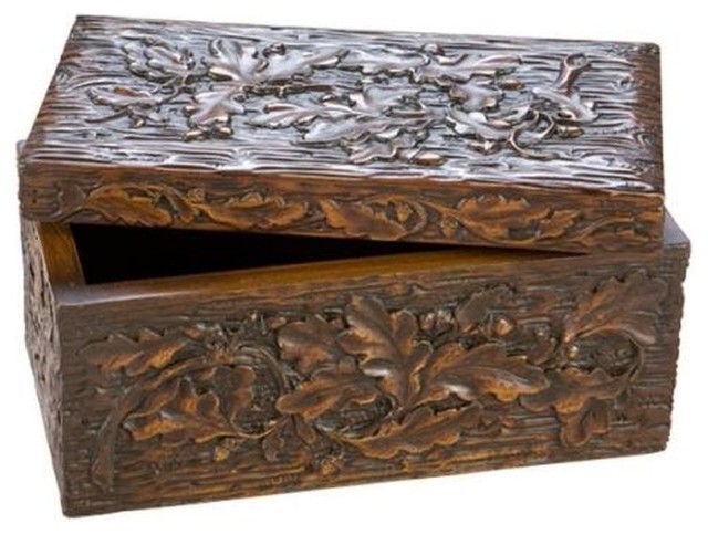 Box Oak Leaf Motif Lidded Intricately Carved Hand-Cast Resin OK