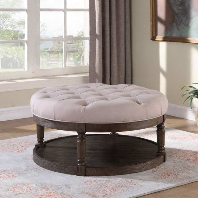 Smoked Rustic Gray Tufted Upholstered Round Ottoman - Traditional ...