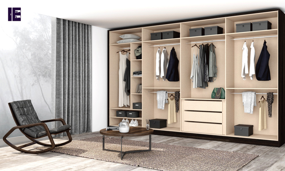 Design ideas for a large modern built-in wardrobe in London with glass-front cabinets and brown cabinets.