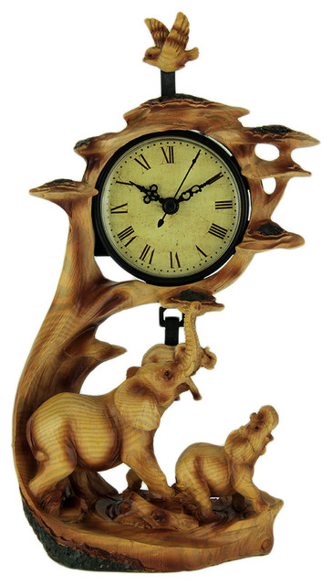 Everspring Wolf Family Safari Carved Wood Look Clock Figurine