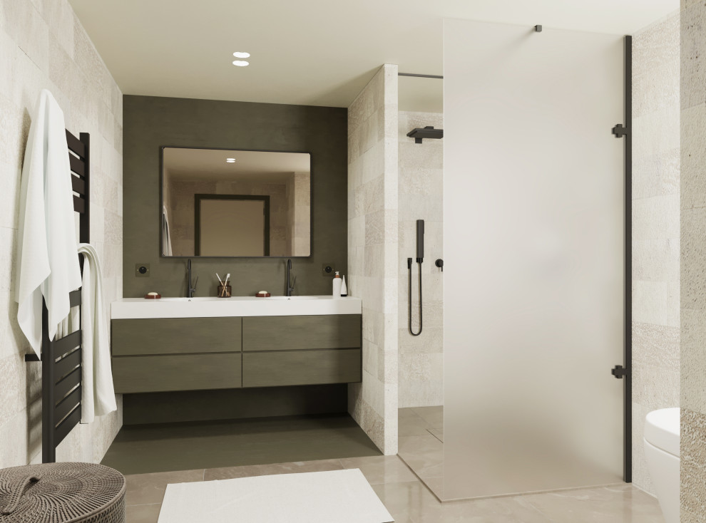 Design ideas for a small contemporary ensuite bathroom in Paris with beaded cabinets, green cabinets, a built-in shower, a wall mounted toilet, green tiles, beige walls, ceramic flooring, an integrated sink, solid surface worktops, beige floors, an open shower, white worktops, double sinks and a floating vanity unit.