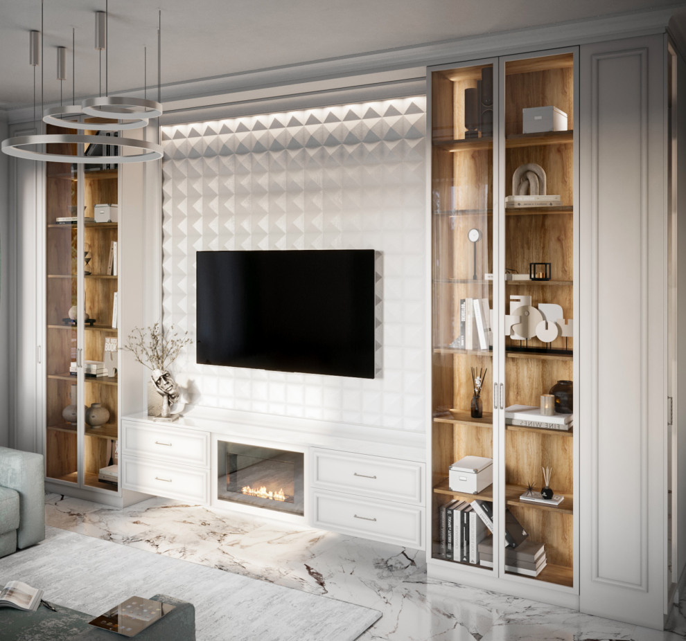 Мятная неоклассика. Кухня-гостиная в загородном доме.