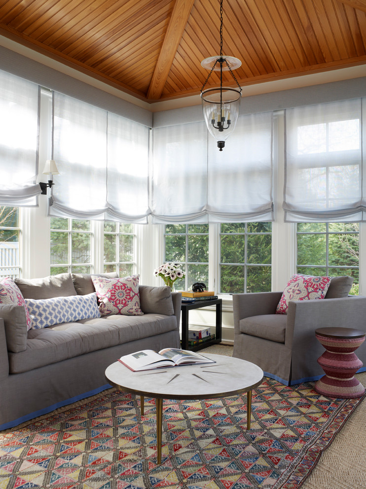 Inspiration for a transitional sunroom in New York with carpet, no fireplace and a standard ceiling.