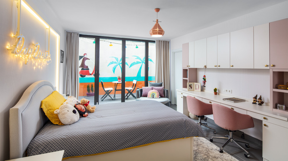 Design ideas for a large contemporary kids' room for girls in Other with ceramic floors, grey floor and white walls.