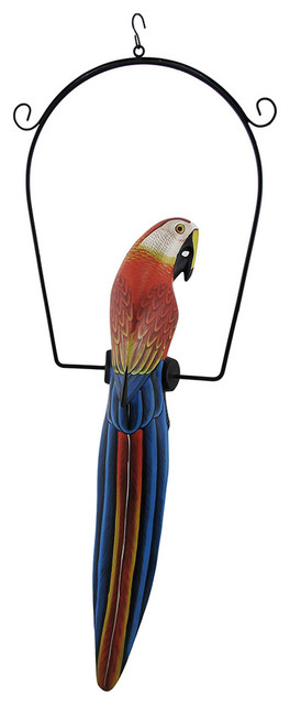 Red and Blue Tropical Macaw Parrot on Perch Hanging Statue 23 In.