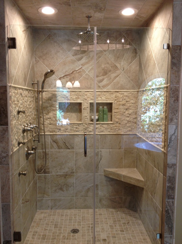 Design ideas for a mid-sized traditional master bathroom in Atlanta with an alcove shower, beige tile, stone tile, beige walls, ceramic floors, beige floor and a hinged shower door.